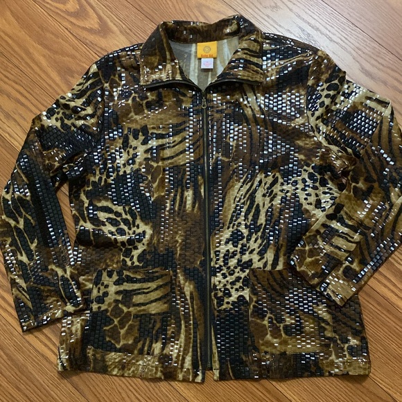🌹Ruby Rd. Animal print woman’s jacket full zip up monk neck shinny squares sz16 - Picture 12 of 16